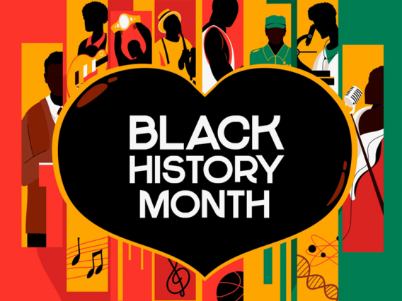 Black history month written in white with black background, on a colorful background