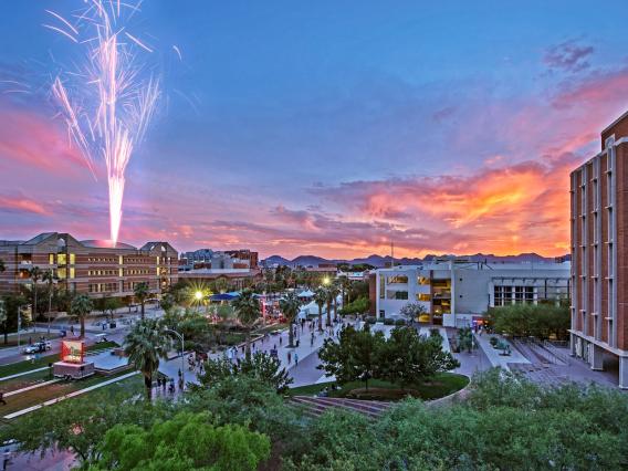 Arizona campus aerial photograph with fireworks in the distance