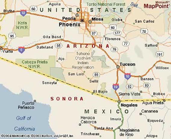 arizona mexicco border on map