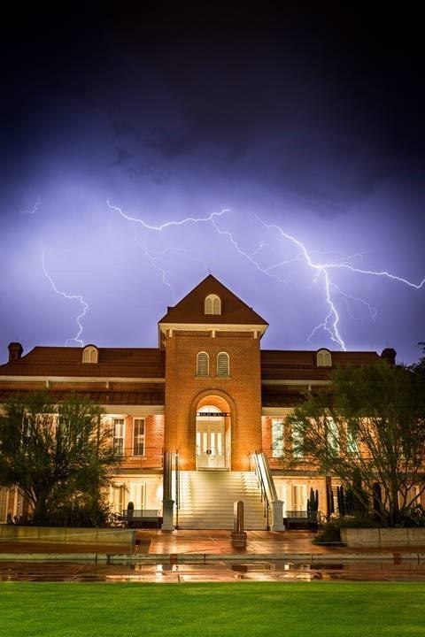 Old Main in a lightning storm