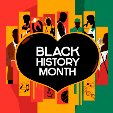 Black history month written in white with black background, on a colorful background